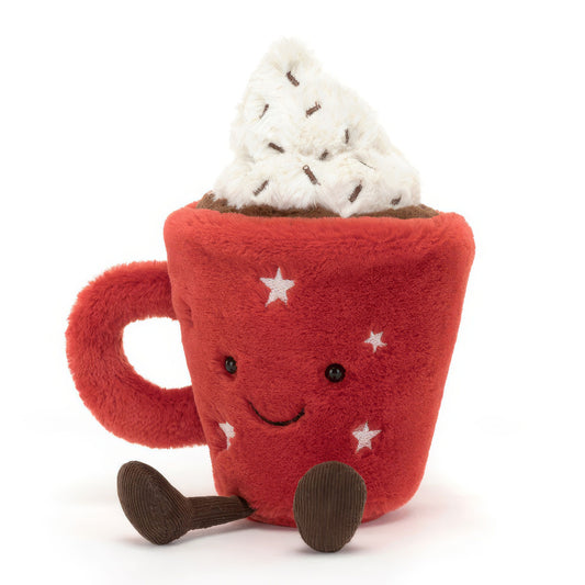 Plush toy hot chocolate mug with whipped cream on a white background